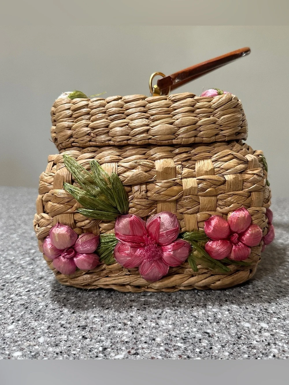 Vintage Woven Straw Basket Box Purse Handbag Wood Handle Raffia Flowers 10x6” - Picture 3 of 10